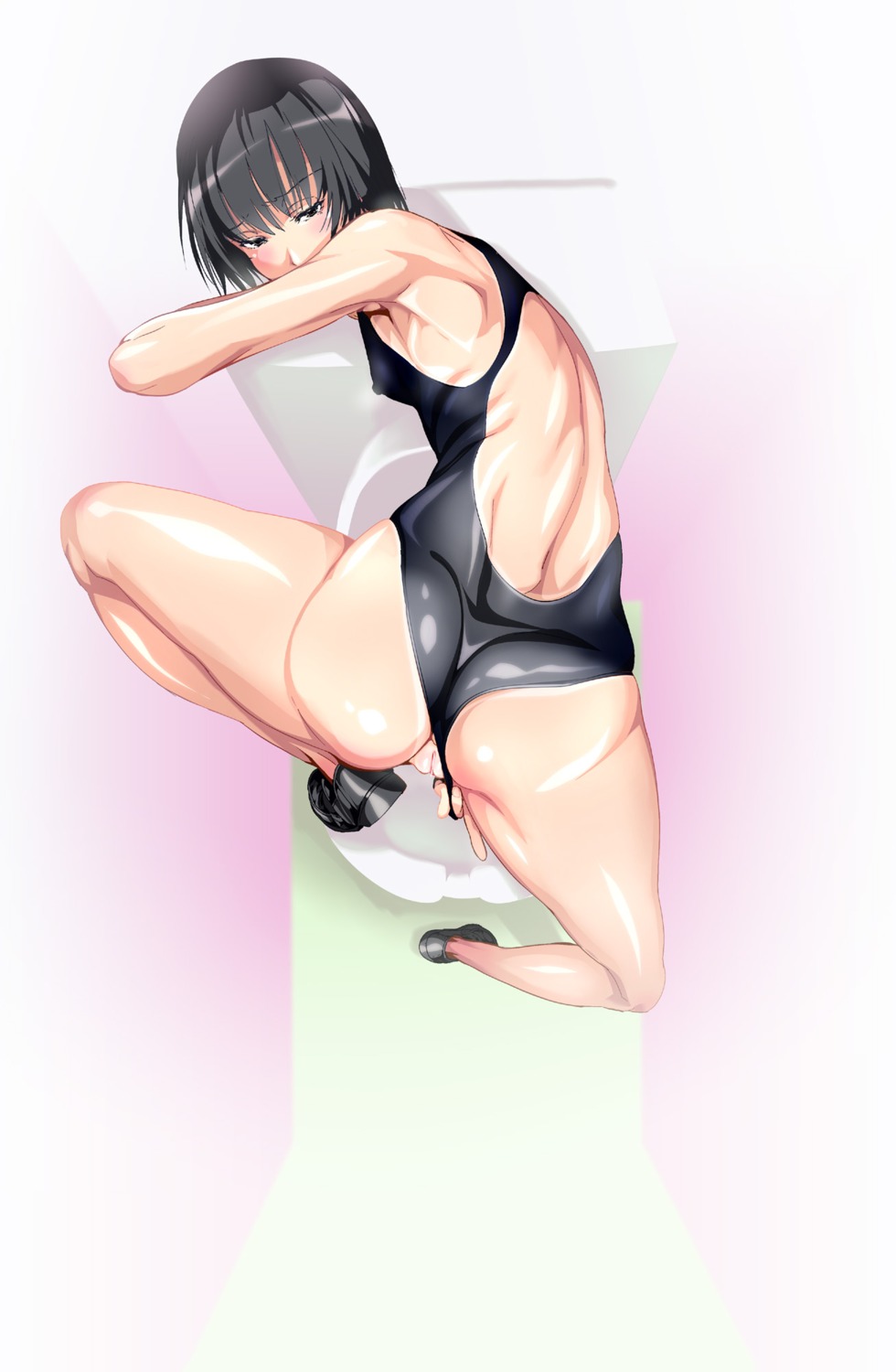 amagami anorexia ass black_eyes black_hair competition_swimsuit erect_nipples female from_above highres invitation looking_back nanasaki_ai nipples one-piece_swimsuit pussy rule34 shino_(comic_penguin_club) short_hair swimsuit swimsuit_aside toilet uncensored