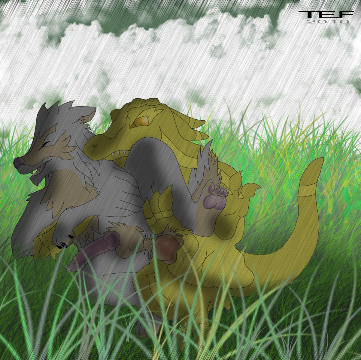 2010 anal canid canine canis cloud dinosaur duo e621 feral grass hi_res interspecies lizard male male/male male_penetrated male_penetrating male_penetrating_male mammal outside penetration plant prehistoric_species raining reptile scalie sex storm tail tef wolf