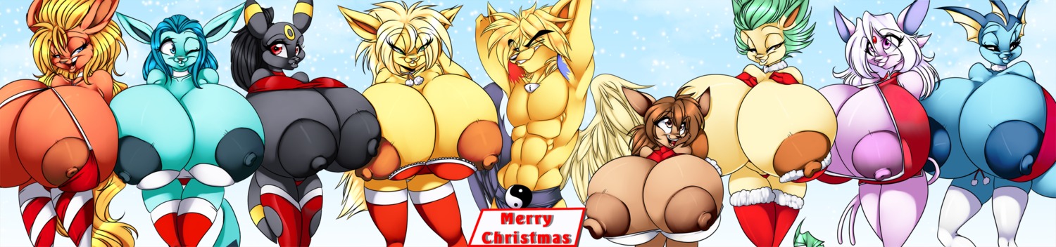 anthro anthrofied areola big_areola big_breasts blitza breasts canid canine clothed clothing crystal-for-ever digital_media_(artwork) e621 eevee eeveelution espeon fan_character feathered_wings feathers female female_anthro flareon generation_1_pokemon generation_2_pokemon generation_4_pokemon glaceon group hair hands_behind_head hi_res huge_areola huge_breasts hyper hyper_areola hyper_breasts ineffective_clothing jolteon leafeon legwear long_image looking_at_viewer male male_anthro mammal nintendo nipple_slip nipples open_mouth pokemon pokemon_(species) pokemorph skimpy standing tail thigh_highs umbreon vaporeon wide_image wings