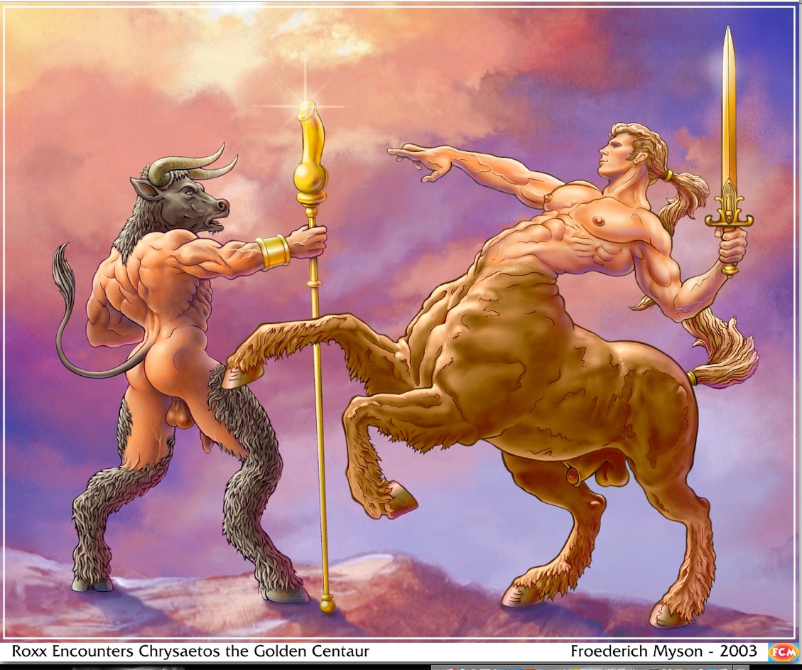2003 animal_genitalia animal_humanoid backsack balls bovid bovine butt centaur duo e621 equid equid_taur equine european_mythology foreskin froederich_myson genitals greek_mythology half-erect hooves humanoid humanoid_genitalia humanoid_penis humanoid_taur male mammal mammal_humanoid mammal_taur melee_weapon minotaur mythology nude penis penis_tip polearm quadruped sheath spear split_form sword tail taur weapon