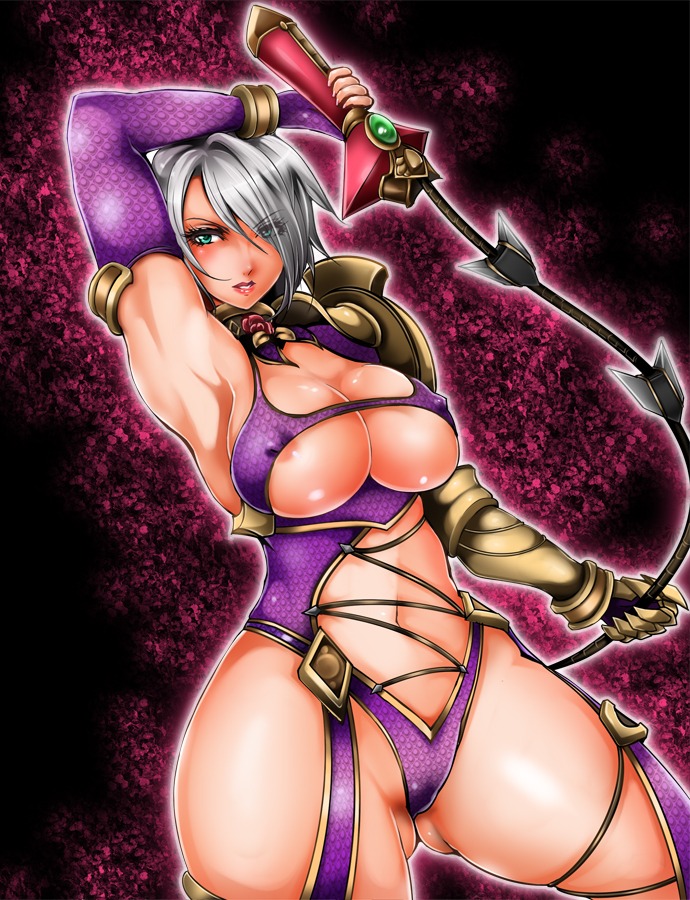 areola areolae armpits blue_eyes breasts cleavage curvy female female_only gauntlets human isabella_valentine large_breasts nipple_slip nipples rule34 short_hair silver_hair solo soul_calibur sword thick_thighs thighs weapon whip whip_sword
