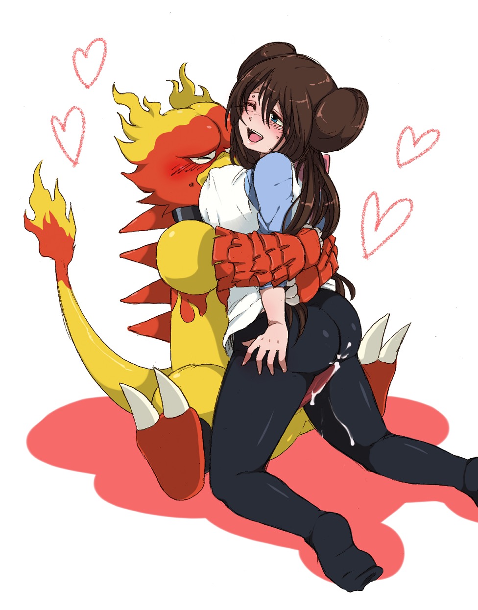 anthro big_breasts blush bodily_fluids breasts clothed clothed_sex clothing cum cum_drip dance-siva double_bun dripping duo e621 erection eyes_closed female female_on_anthro fire flaming_tail generation_1_pokemon genital_fluids genitals heart_symbol hi_res hug human human_on_anthro interspecies magmar male male/female male_on_human mammal nintendo orgasm penis pokemon pokemon_(species) pokephilia rosa_(pokemon) sex tail