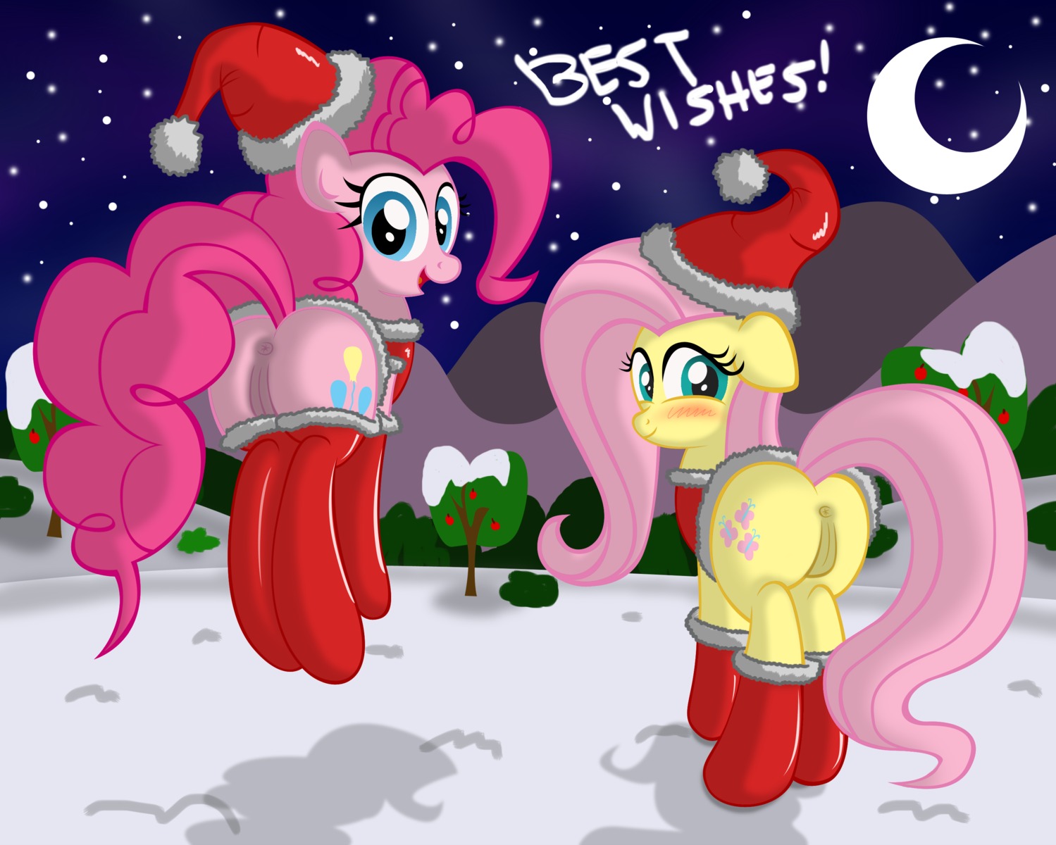 absurd_res clothing duo e621 earth_pony english_text equid equine female feral fluttershy_(mlp) friendship_is_magic genitals hair hasbro hat headgear headwear hi_res holidays horse looking_at_viewer mammal moon my_little_pony night outside pinkie_pie_(mlp) pony presenting quadruped tail text vulva ziemniax