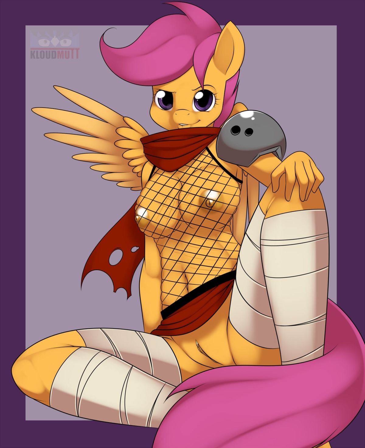 2012 anthro anthrofied armor bandage biped black_clothing black_topwear bottomwear clothed clothing digital_media_(artwork) e621 equid equine feathered_wings feathers female fishnet_clothing fishnet_topwear friendship_is_magic genitals hair hasbro hi_res kloudmutt leg_wraps legwear mammal my_little_pony mythological_creature mythological_equine mythology navel no_underwear nude orange_body orange_feathers pauldron pegasus purple_eyes purple_hair raised_bottomwear raised_clothing raised_skirt red_bottomwear red_clothing scarf scootaloo_(mlp) shirt shoulder_guards sitting skirt solo tail topwear translucent translucent_clothing translucent_topwear vulva white_clothing white_legwear wings wraps
