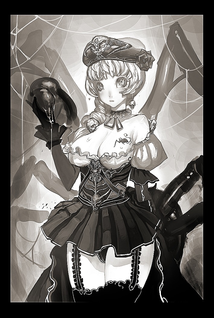 breasts cleavage copyright_request cum dress drider earrings female garter_belt gloves hat jeffr jewelry male monochrome monster_girl panties penis rule34 skirt spider_girl tattoo thighhighs underwear web