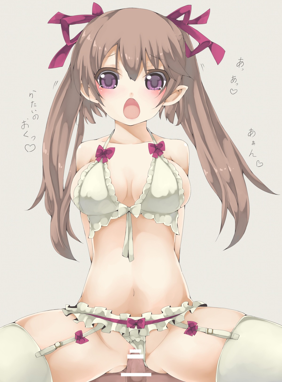 arutoria bare_shoulders blush breasts breasts_apart brown_hair censored female hair_ribbon hatate_himekaidou highres long_hair male open_mouth penis pink_eyes pointy_ears purple_eyes pussy rape ribbon rule34 sex solo spread_legs straddle thighhighs tied_hair touhou twintails vaginal_penetration white_legwear white_thighhighs