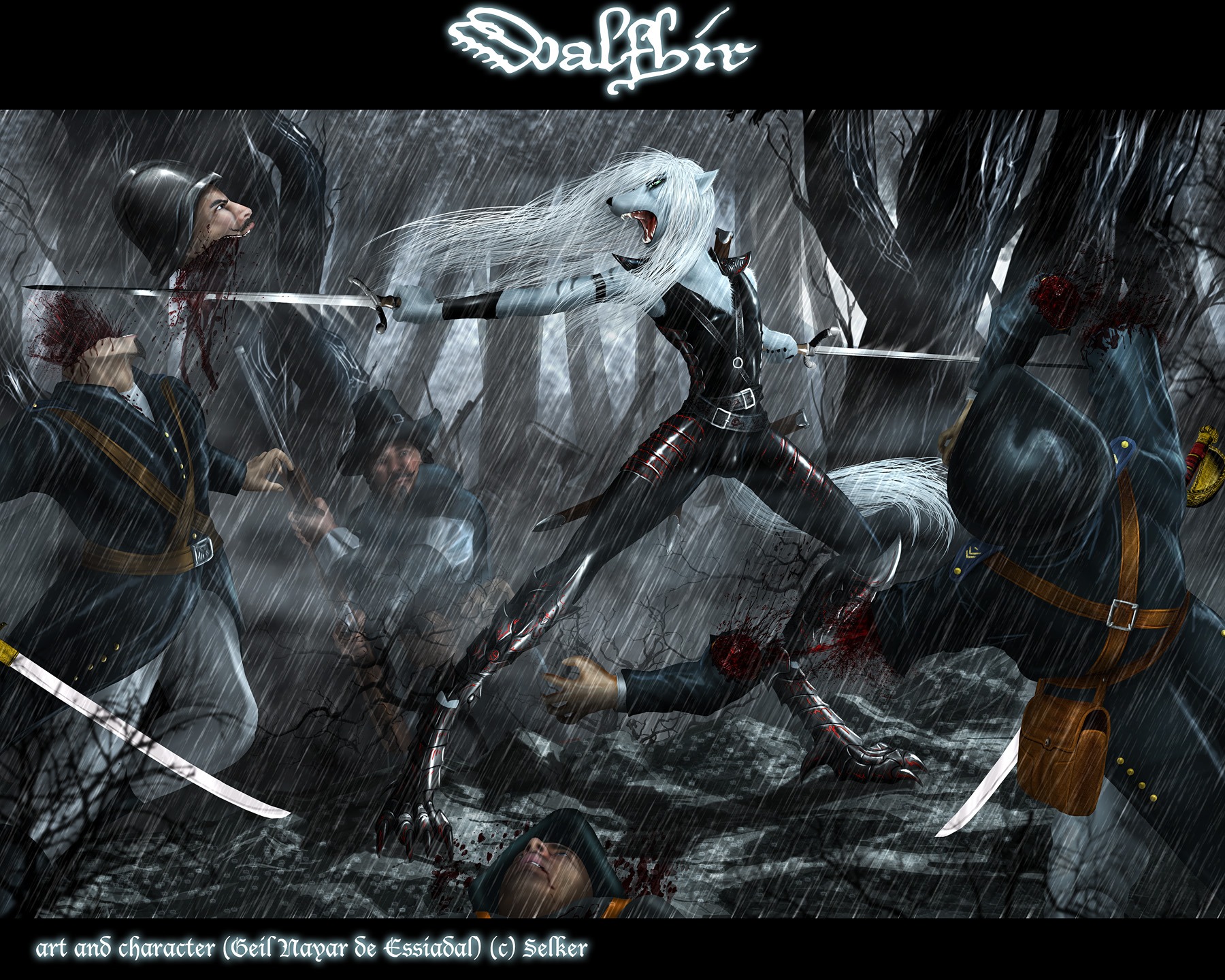 2014 5:4 anthro armor battle belt black_nose blood blue_eyes bodily_fluids bulge canid canine canis claws clothing death decapitation detailed_background dismemberment e621 fangs fantasy fight forest fur gore gun hair hat headgear headwear helmet hi_res holding_object holding_weapon human killing latex long_hair long_legs male mammal melee_weapon military musket nayar open_mouth outside plant raining ranged_weapon selker selker_ari severed_body_part severed_head sharp_teeth shrub signature soldier sword teeth toe_claws tree uniform walfhir warrior weapon white_hair wolf