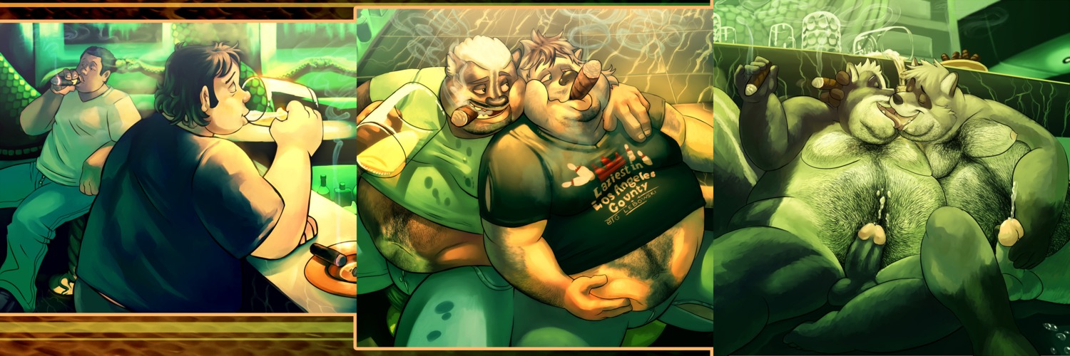 3:1 anthro balls blazingcheecks bodily_fluids cigar cum duo e621 erection genital_fluids genitals hairy hi_res human human_to_anthro kissing male male/male mammal mephitid obese open_mouth overweight penis procyonid raccoon skunk slightly_chubby smoke smoking species_transformation transformation