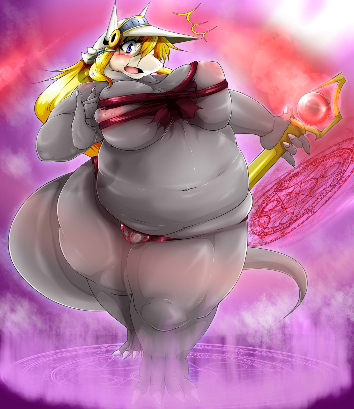2014 4_toes 5_fingers aggron anthro armor biped blonde_hair blush breasts claws clothing digital_media_(artwork) e621 feet female fingers geiru_mirua generation_3_pokemon genitals grey_body hair headgear helmet hi_res long_hair looking_at_viewer navel nintendo nipples open_mouth overweight overweight_anthro overweight_female pokemon pokemon_(species) pokemorph purple_eyes solo standing toe_claws toes tongue underwear vulva wand