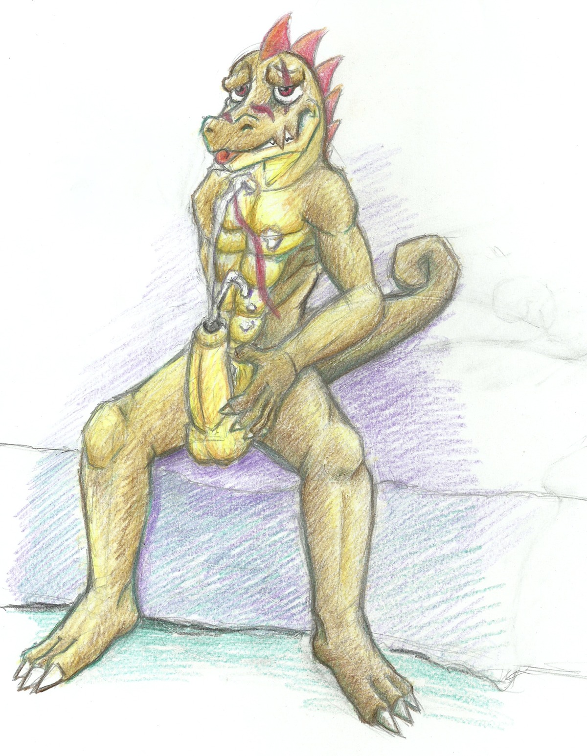 abs absurd_res anthro balls biped bodily_fluids chameleon claws cum cum_on_chest cum_on_self cumshot e621 ejaculation erection foreskin genital_fluids genitals hi_res humanoid_genitalia humanoid_penis lizard male masturbation orgasm penile penile_masturbation penis red_eyes reptile scalie sitting solo toe_claws traditional_media_(artwork) unknown_artist