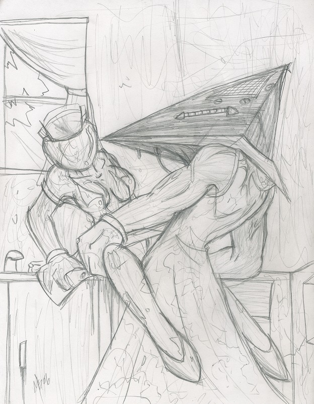 1boy 1girls 2d ambiguous_penetration breasts bubble_head_nurse clothed clothing female female_penetrated konami male male_penetrating monochrome nurse_(silent_hill) pyramid_head rape rule34 sex silent_hill silent_hill_2 sketch straight tagme