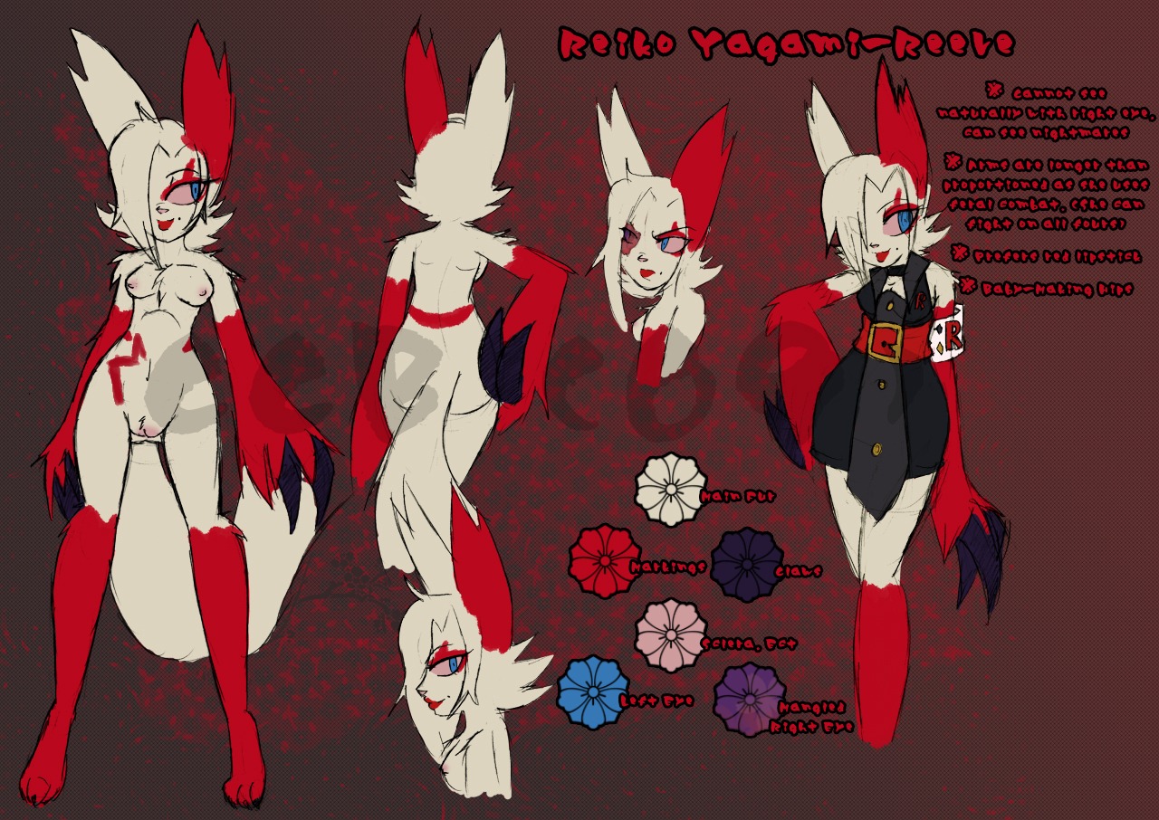 anthro anthrofied breasts e621 female flat_colors fur generation_3_pokemon genitals markings model_sheet nintendo pokemon pokemon_(species) pokemorph red_markings reiko_yagami solo tail vulva white_body white_fur zangoose zombieaddict