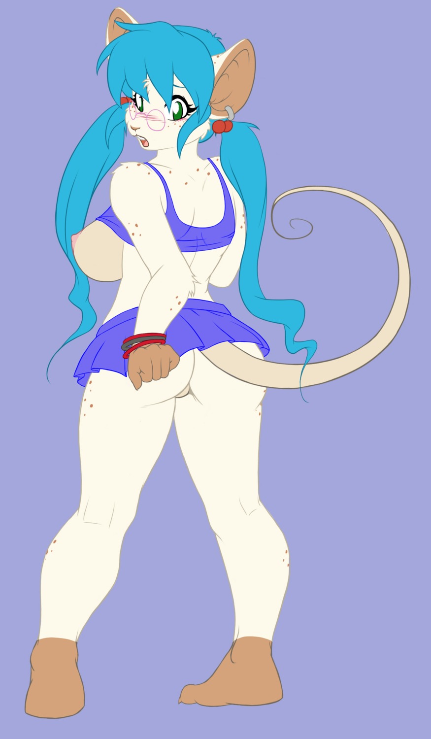 anthro barefoot big_breasts blue_hair blush bottomwear breasts butt claws clothing e621 eyewear feet female freckles fur glasses green_eyes hair hi_res house_mouse huge_breasts jasmine_(skidd) mammal mouse murid murine nipples nude plantigrade pose presenting presenting_hindquarters rodent skidd skirt solo tail toes white_body white_fur