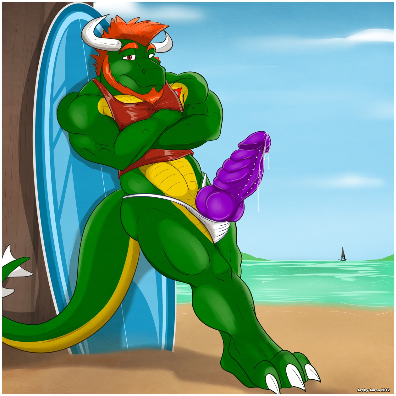 1:1 2012 3_toes aaron_(artist) abs anthro balls beach beard biceps big_muscles big_penis biped bodily_fluids border bovid_horn bovine_horn bull_horn claws clothing crossed_arms darius_koopa_(character) detailed_background digital_media_(artwork) e621 erection facial_hair feet frenum_ladder frenum_piercing genital_fluids genital_piercing genitals green_body hair hi_res horn knot koopa ladder_piercing leaking looking_at_viewer male mario_bros muscular muscular_anthro muscular_male nintendo orange_hair outside pecs penis penis_piercing piercing pose precum presenting purple_penis red_eyes red_hair reptile ridges sand scales scalie sea seaside shirt sky solo speedo surfboard swimwear tail tank_top thick_penis thong toe_claws toes topwear underwear vehicle vein water watercraft white_border