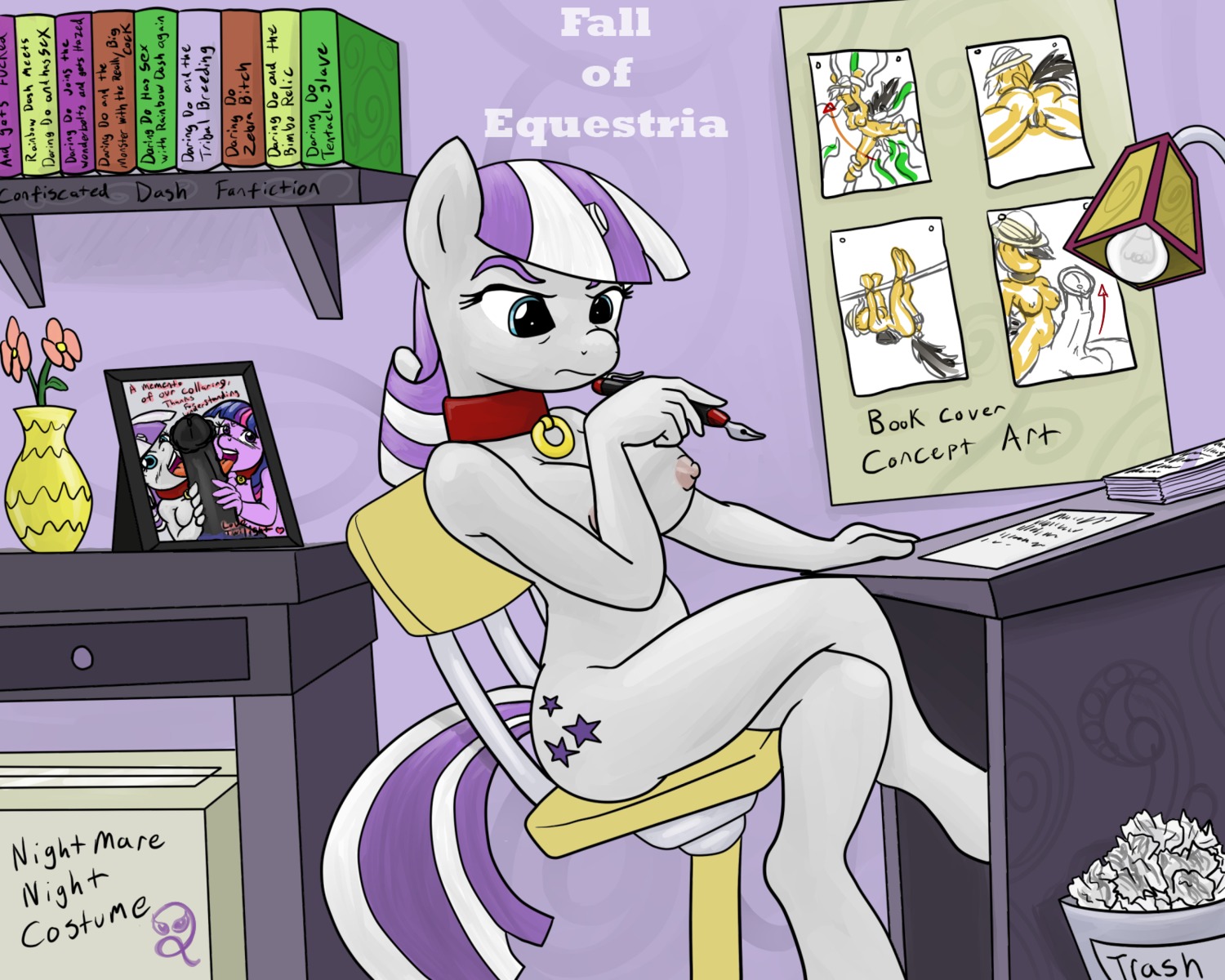 2013 5:4 animal_genitalia animal_penis anthro anthrofied armor balls biped blue_eyes book bound breasts clothing collar crossed_legs cutie_mark daring_do_(mlp) digital_media_(artwork) e621 english_text equid equine equine_genitalia equine_penis erection fall_of_equestria female flower friendship_is_magic fur genitals group group_sex hair hasbro hat headgear headwear heart_symbol helmet hi_res horse licking male male/female mammal multicolored_hair my_little_pony nipples nude pen penis pith_helmet plant pony pornography sex sitting slashysmiley smudge_proof solo spread_legs spreading tentacles text threesome tongue tongue_out trio twilight_sparkle_(mlp) twilight_velvet_(mlp) two_tone_hair vulva white_body white_fur