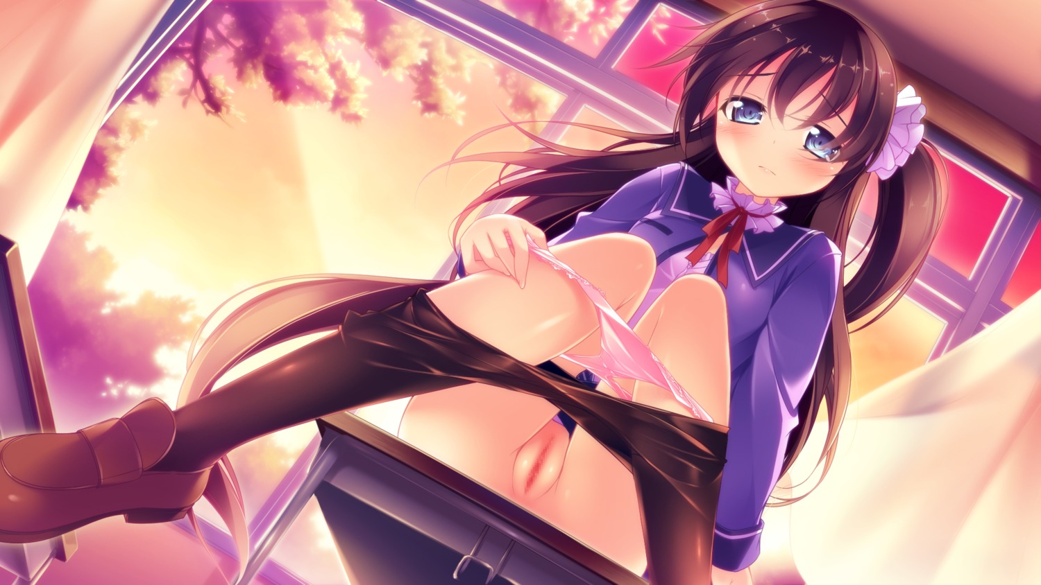 blush brown_hair censored cloud desk female from_below frown highres kazakura long_hair original panties panty_pull pantyhose pantyhose_pull perspective pink_panties pussy rule34 school_uniform side_ponytail sitting sitting_on_desk solo underwear very_long_hair window
