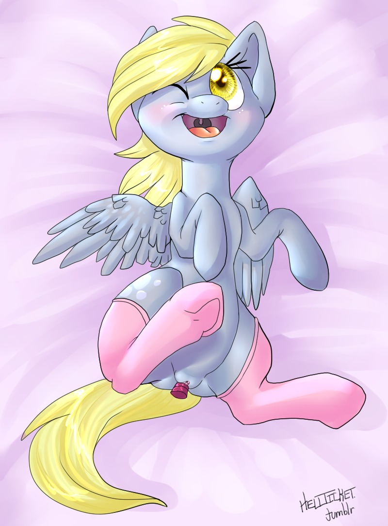 2013 amber_eyes blonde_hair blush clothing cutie_mark derpy_hooves_(mlp) e621 equid equine feathered_wings feathers female feral footwear friendship_is_magic fur genitals grey_body grey_feathers grey_fur hair hasbro hellticket legwear mammal my_little_pony mythological_creature mythological_equine mythology one_eye_closed open_mouth pegasus penetration sex_toy socks solo tail vaginal vulva wings