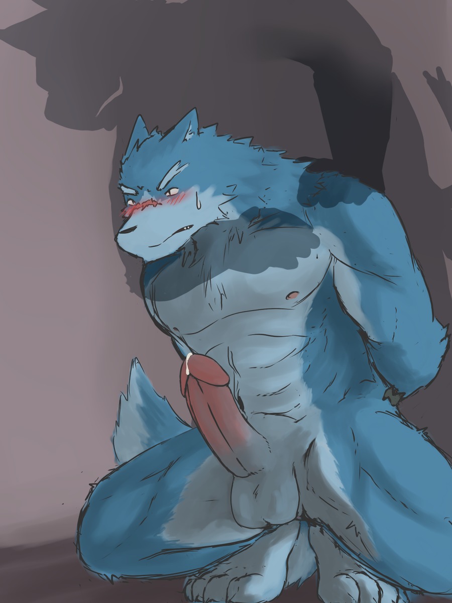 3:4 abs anthro balls biceps big_penis blush bodily_fluids canid canine canis cum duo e621 erection fur genital_fluids genitals hi_res inukami leaking male male/male mammal muscular nipples nude pecs penis precum scar shadow sweat tail wolf