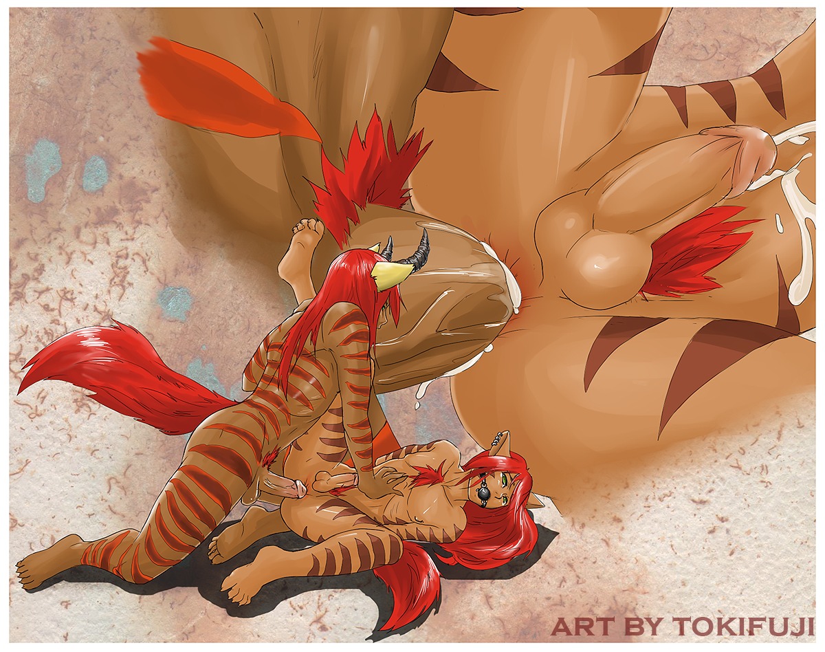 anal anthro anthro_on_anthro ball_gag bodily_fluids border cum cum_inside duo e621 forced gag gagged genital_fluids horn male male/male male_penetrated male_penetrating male_penetrating_male nude penetration piercing pubes rape sex tail text tokifuji white_border