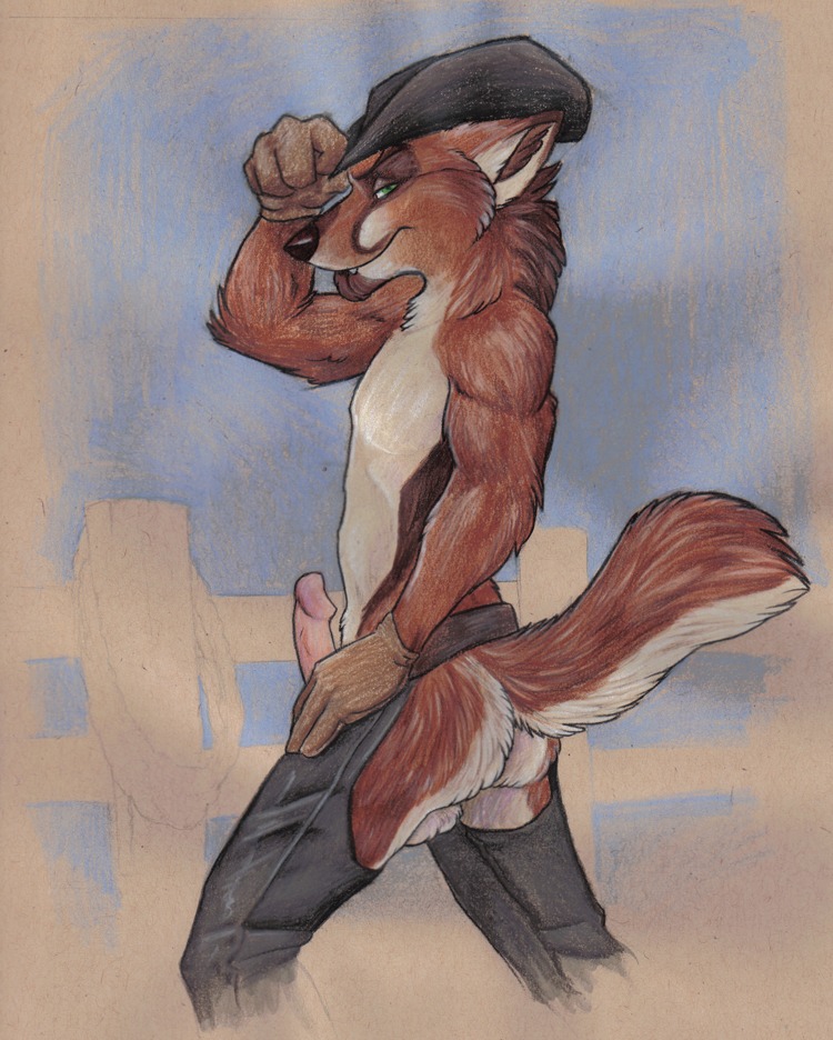 1boy :p anthro assless_chaps bottomless canine chibi-marrow erection fox fur furry male male_only penis rule34 solo