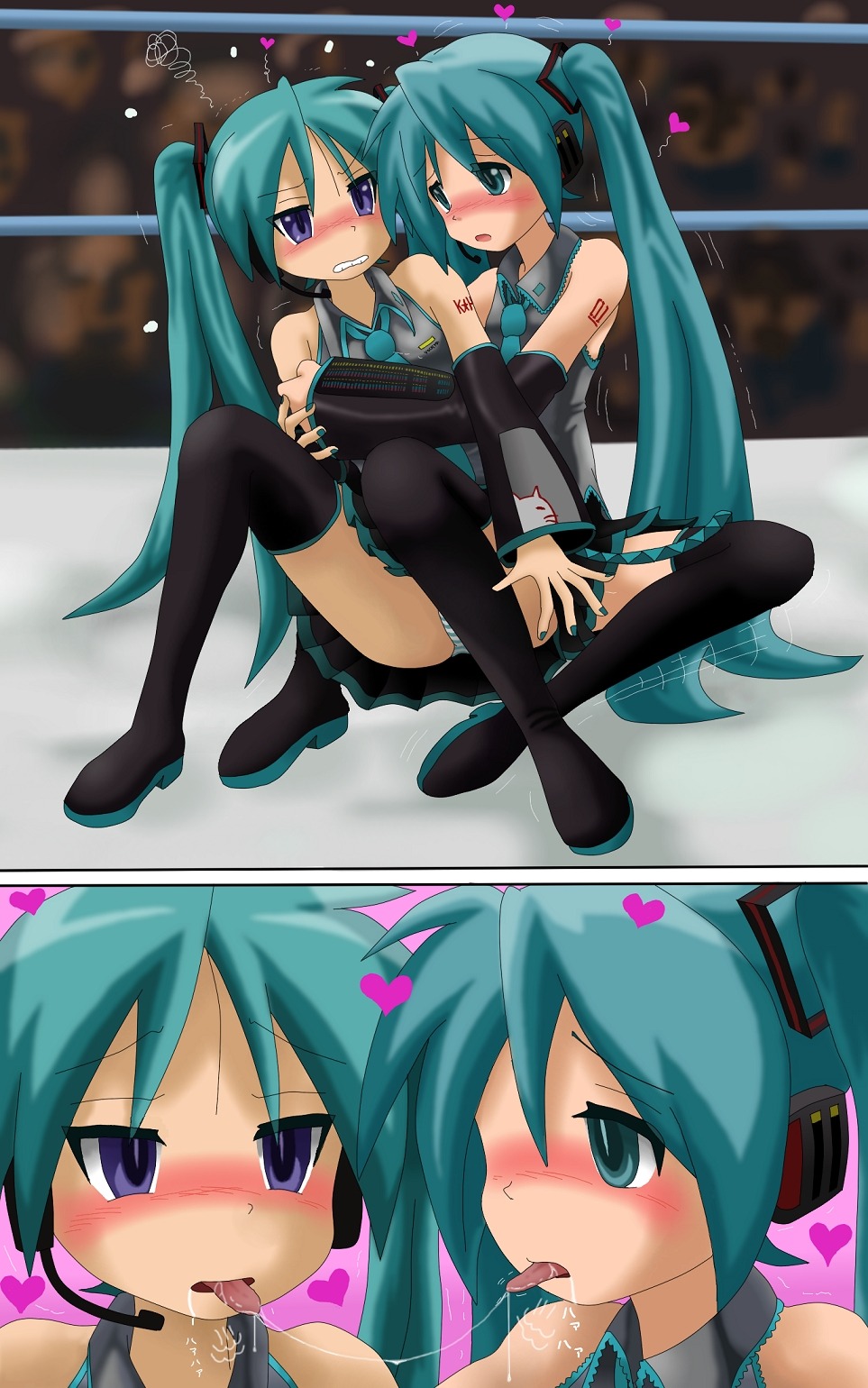 2girls aqua_hair aqua_nails bare_shoulders black_legwear black_thighhighs blue_eyes blush boots breath catfight clenched_teeth cosplay detached_sleeves eye_contact female female_only frills green_eyes green_hair hair hatsune_miku hatsune_miku_(cosplay) headphones headset heart highres hiiragi_kagami hirondo hug human hypnosis kagami_hiiragi kissing long_hair looking_at_another lucky_star mind_control multiple_females multiple_girls nail_polish necktie panties pantyshot pleated_skirt purple_eyes rule34 saliva saliva_trail selfcest sexfight skirt striped striped_panties tareme thigh_boots thighhighs tied_hair tongue trembling tsurime twintails underwear very_long_hair vocaloid wrestling yuri