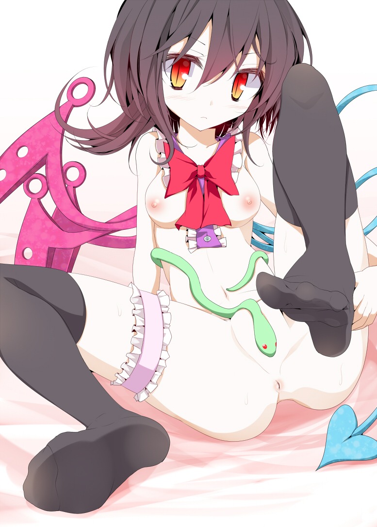 1girls anus black_hair black_legwear black_thighhighs breasts censored convenient_censoring feet female leg_garter nipples nude nue_houjuu red_eyes rule34 short_hair sitting slit_pupils snake solo thighhighs touhou usotsukiya wings