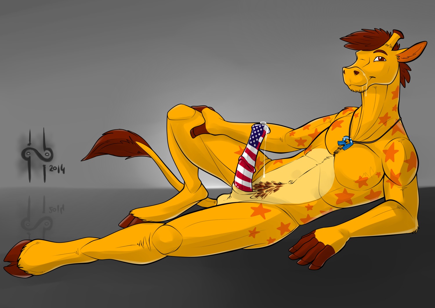 2014 american_flag animal_genitalia animal_penis anthro arm_support balls biceps biped bodily_fluids brown_eyes brown_hair cum cum_drip cum_on_face cum_on_own_face cum_on_self dripping e621 equine_genitalia equine_penis erection fur genital_fluids genitals geoffrey_the_giraffe giraffe giraffid hair hooves horn hufnaar jewelry looking_at_viewer male mammal markings mascot muscular muscular_anthro muscular_male necklace nude ossicone pecs penis precum pubes solo tail tail_tuft toys_"r"_us tuft united_states_of_america yellow_body yellow_fur
