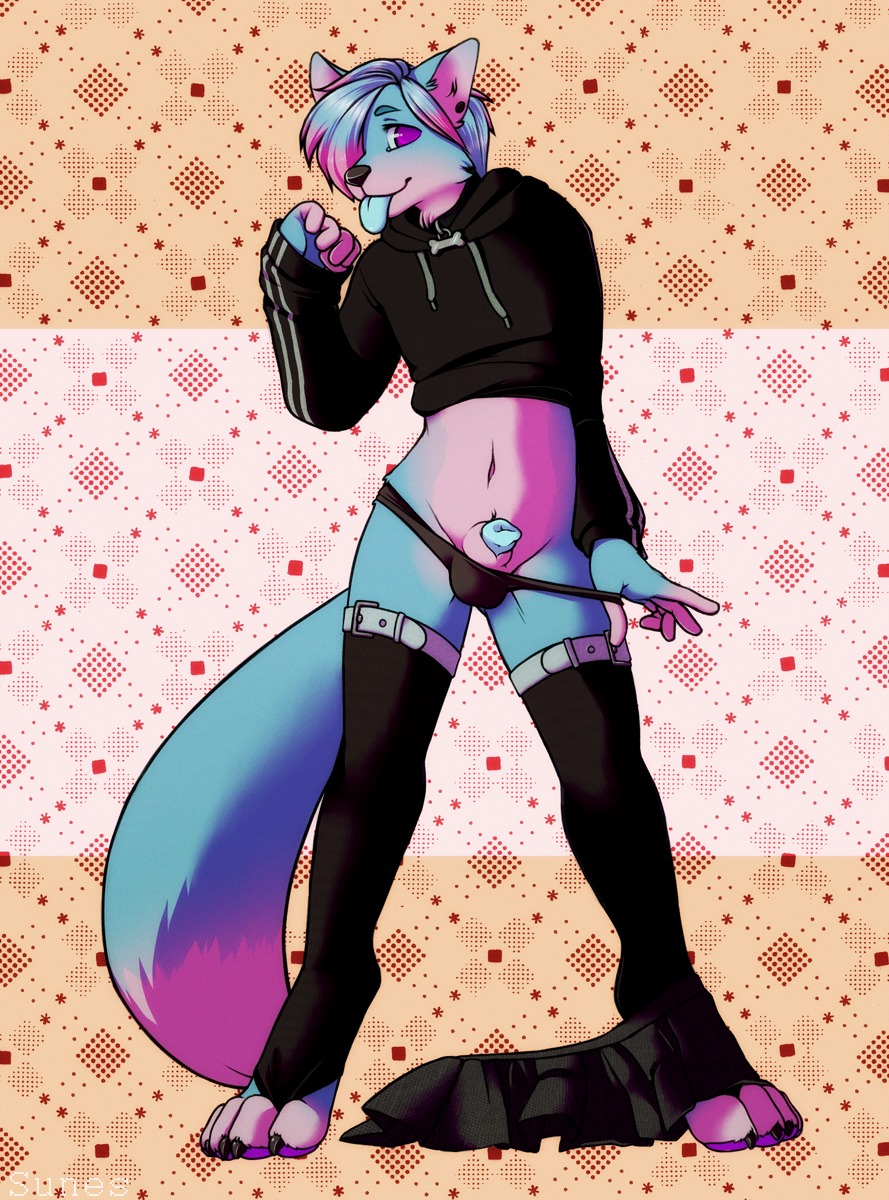 2013 animal_genitalia animal_penis anthro balls_in_underwear biped blue_body blue_fur blue_hair blue_penis blue_tongue bottomless bottomwear canid canine canine_genitalia canine_penis catflower claws clothed clothing clothing_pull collar crossdressing digital_media_(artwork) digitigrade e621 ear_piercing femboy fox front_view fur furgonomic_piercing furgonomics genitals hair hair_over_eye hi_res hoodie legwear male mammal navel one_eye_obstructed panties panty_pull paws penis penis_tip piercing pink_body pink_fur pink_hair pose presenting purple_eyes sheath skirt solo standing stockings tongue tongue_out topwear underwear underwear_pull zuzu_(zuruiookami)