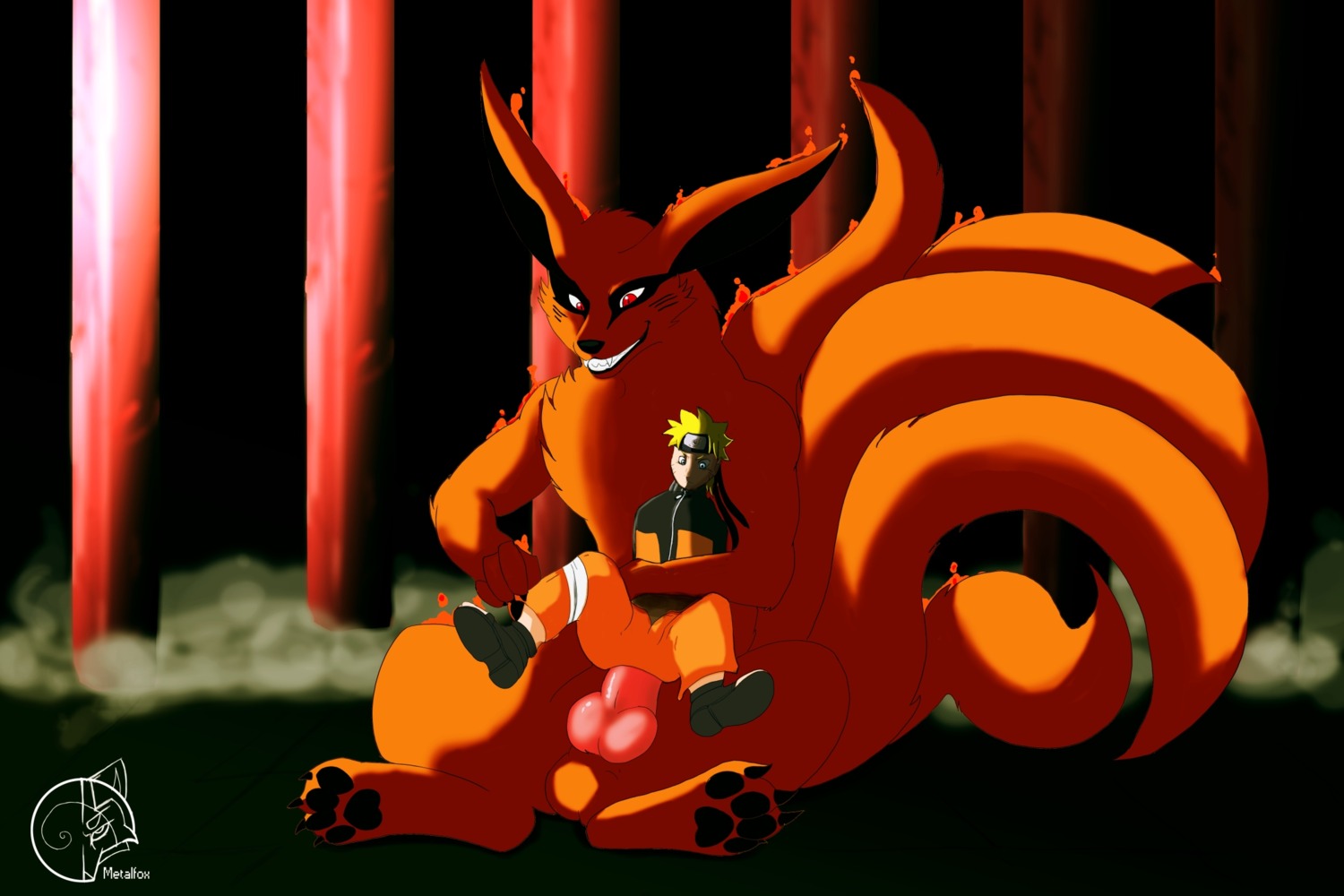 3:2 animal_genitalia animal_penis anthro asian_mythology balls canid canine canine_genitalia canine_penis claws dominant duo e621 east_asian_mythology erection fox fox_spirit fur genitals hands_behind_back hi_res human knot kurama larger_dom larger_male male male/male mammal metalfox multi_tail mythology naruto naruto_uzumaki paws penis red_eyes size_difference smaller_male tail tailed_beast