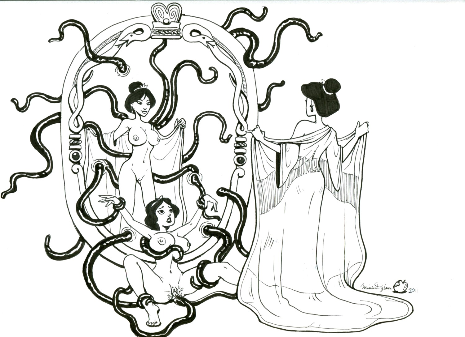 2girls altered_reflection areola breasts crossover disney disney_princess erect_nipples fa_mulan female female_only hourglass_figure human magic_mirror mirror miss_dylan monochrome mulan_(1998_film) multiple_females navel nipples pussy rule34 snow_white_(disney) snow_white_and_the_seven_dwarfs_(1937_film) tentacle tentacle_rape vagina white_background