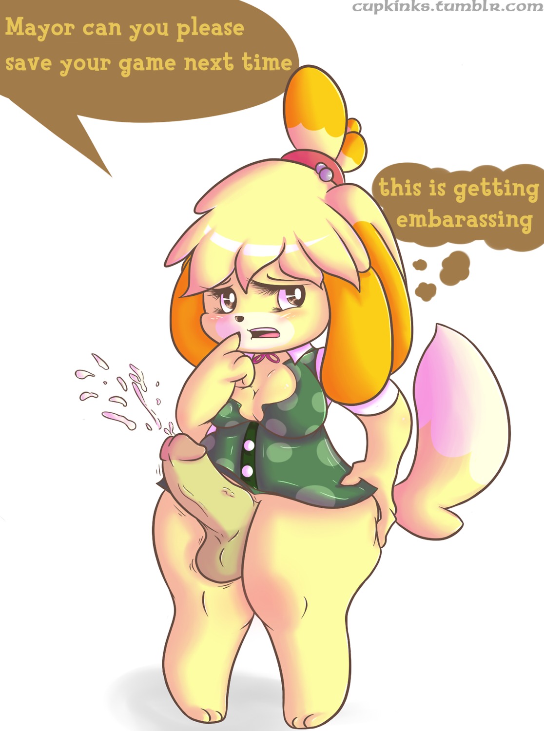 2013 animal_crossing anthro atrolux balls blush bodily_fluids breasts canid canine canis cleavage clothed clothing conditional_dnp crossgender cum dialogue digital_media_(artwork) domestic_dog e621 english_text erection fur genital_fluids genitals gynomorph hi_res humanoid_genitalia humanoid_penis intersex isabelle_(animal_crossing) looking_at_viewer looking_away mammal nintendo penis shih_tzu solo text toy_dog url yellow_body yellow_fur