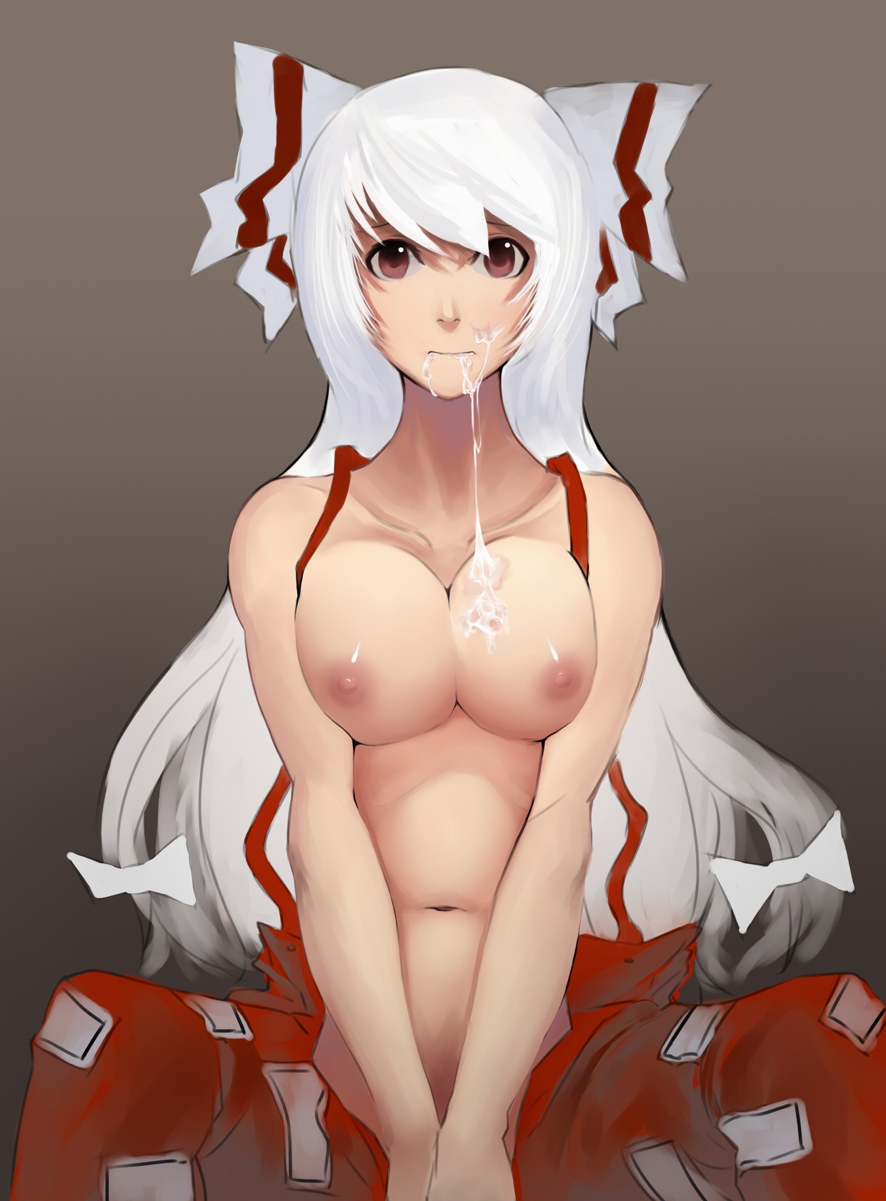 1girls after_fellatio artist_request bow breast_suppress breasts brown_eyes cum cum_in_mouth cum_on_body cum_on_breasts cum_on_upper_body expressionless facial female fujiwara_no_mokou hair_ribbon hairbow highres jjune long_hair naked_suspenders navel nipples red_eyes ribbon rule34 solo spread_legs suspenders topless touhou v_arms white_hair