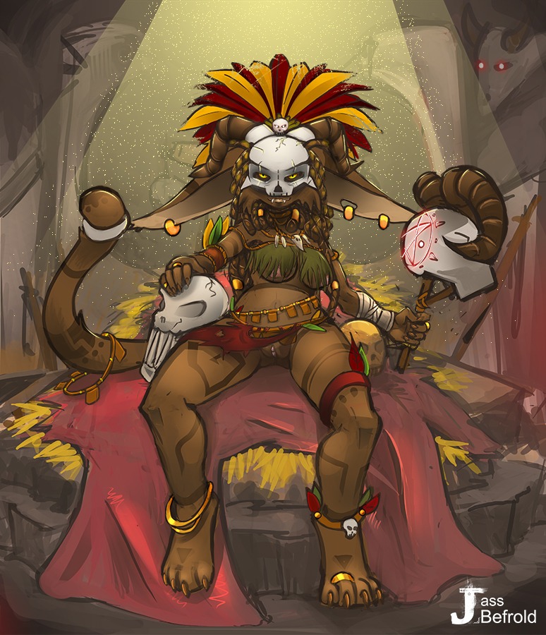 1girls anthro bracelet breasts brown_fur cleavage clitoris feline female fur furry furry_only hay horns jassbefrold jewelry large_breasts light mask midriff nago navel necklace piercing pussy queen royalty rule34 sitting skimpy skull skulls solo staff text underboob unknown_species voodoo witch yellow_eyes