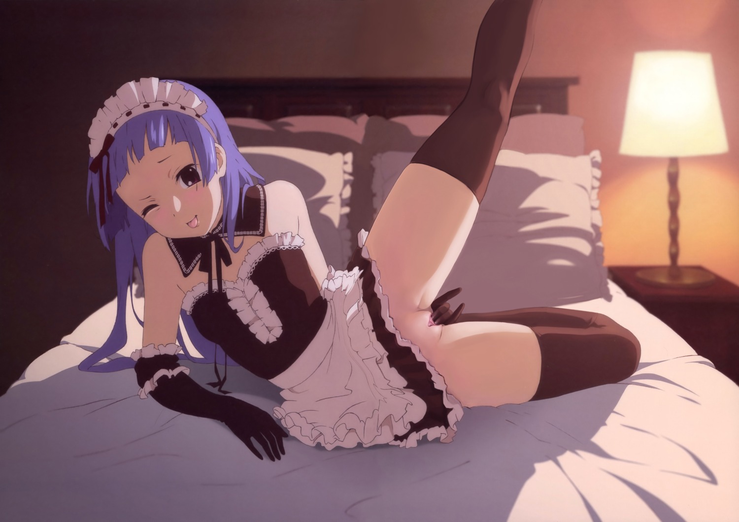1girls :p bare_shoulders bed blue_hair clothed_masturbation clothing elbow_gloves female female_only fingering fingering_self frills gloves high_resolution kannagi leg_up lying maid masturbation nagi nude_filter one_eye_closed one_leg_raised pettanko photoshop purple_eyes pussy rule34 solo stockings thighhighs uncensored vagina vaginal_penetration wink zettai_ryouiki