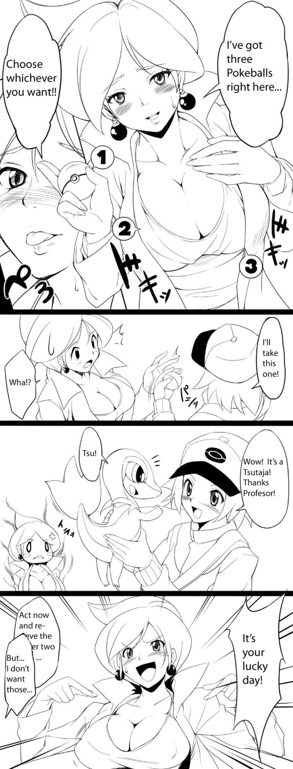 1boy 1girls age_difference aurea_juniper breast_offering breasts cleavage dialogue endou_masatoshi english english_text female female_pervert hard_translated highres hilbert_(pokemon) humor large_breasts male milf monochrome nintendo offering poke_ball pokemon pokemon_(species) pokemon_bw pokemon_professor presenting_breasts rejection rule34 seductive snivy text translated