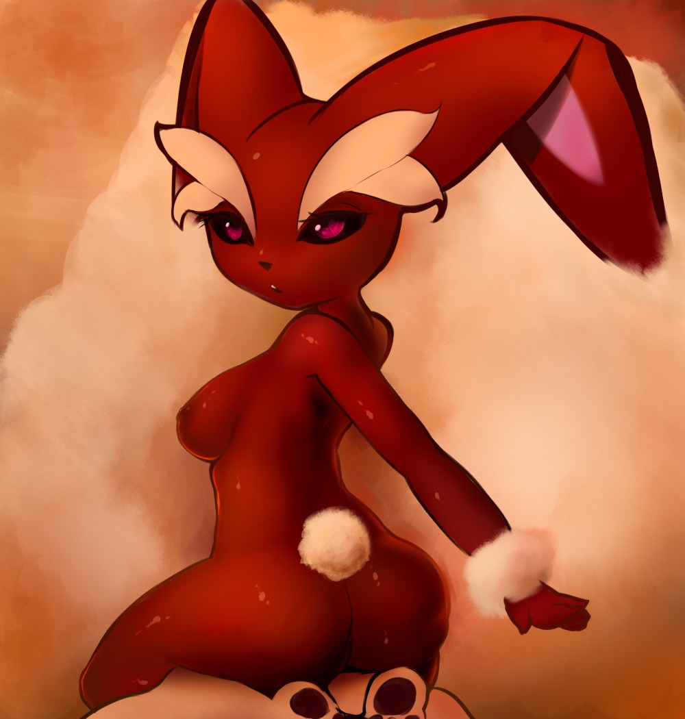 anthro breasts brown_body brown_fur butt digital_media_(artwork) e621 female fluffy fur generation_4_pokemon genitals lagomorph long_ears looking_at_viewer lopunny mammal nintendo plantpenetrator pokemon pokemon_(species) solo vulva