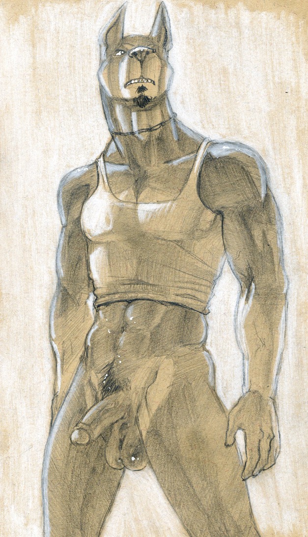 abs anthro athletic balls beard biceps biped bottomless canid canine canis claws clothed clothing dobermann domestic_dog e621 facial_hair fangs flaccid foreskin frown fur genitals goatee hair half-erect humanoid_genitalia humanoid_penis jewelry male mammal manly muscular muscular_anthro necklace partially_retracted_foreskin pecs penis pinscher pose presenting pubes shirt sketch solo standing tank_top teeth topwear tush_(artist) vein