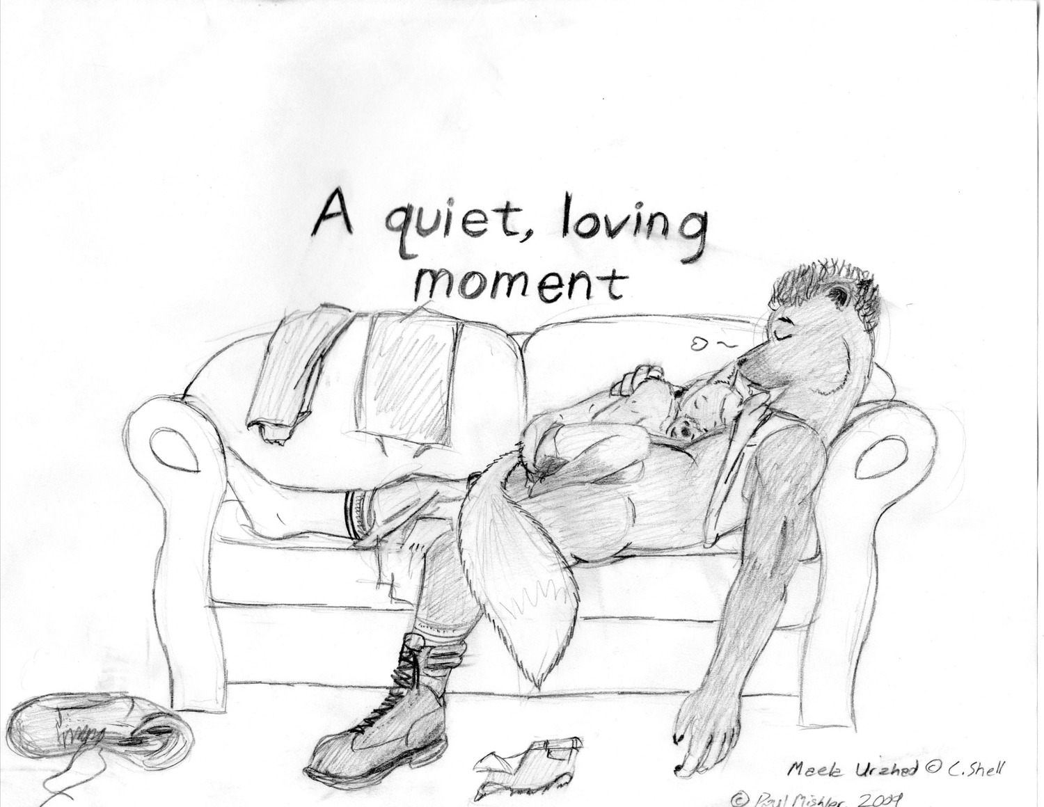 absurd_res after_sex age_difference anthro bear black_and_white canid canine cuddling duo e621 english_text femboy fox graphite_(artwork) heart_symbol hi_res larger_male maela male male/male mammal monochrome older_male side_view size_difference sketch smaller_male tail text traditional_media_(artwork) wred young young_anthro younger_male