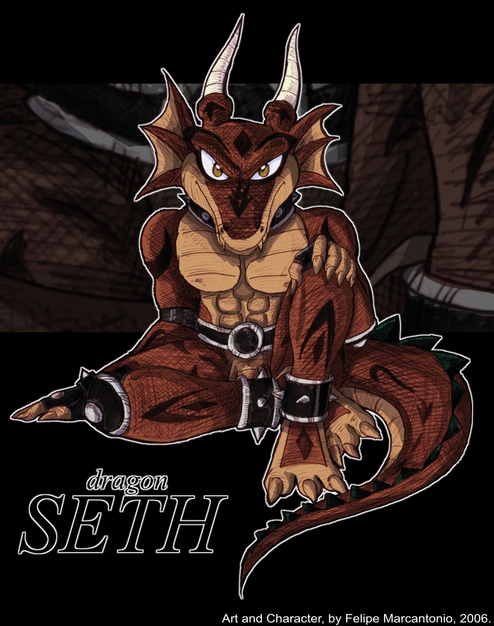 2006 abs balls belt collar dragon e621 flaccid genitals hi_res horn looking_at_viewer male muscular muscular_male mythological_creature mythological_scalie mythology nude pecs penis penis_base scalie seth_(yuski) sitting solo tail tattoo yuski