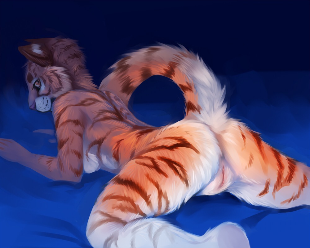 2012 actual_fur anthro biped breasts butt demicoeur digital_media_(artwork) e621 felid female fluffy fluffy_butt fluffy_tail fur genitals looking_at_viewer lying mammal nude on_front pantherine presenting presenting_hindquarters raised_tail side_boob solo spread_legs spreading striped_body striped_fur stripes tail tiger vulva waiting