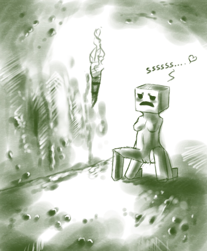 2010 blush breasts creeper_(minecraft) crookedtrees e621 female genitals green_and_white heart_symbol microsoft minecraft mojang monochrome not_furry nude open_mouth simple_background solo torch vulva xbox_game_studios