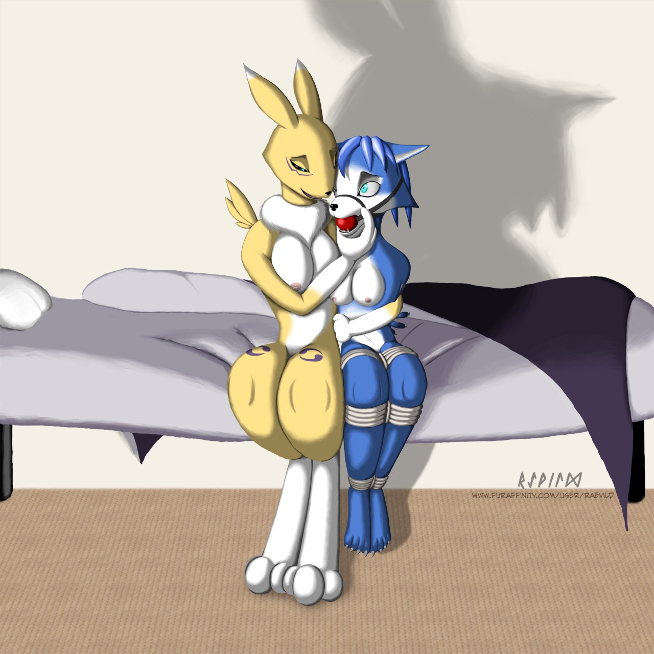1:1 anthro ball_gag barefoot bed black_nose black_sclera blue_fur blue_hair breasts canine claws color crossover cyan_eyes digimon digimon_(species) female female_only fox front_view fur furry furry_breasts furry_ears gag gagged hair indoors krystal multiple_females nintendo nipples nude open_eyes pointy_ears raevild renamon rule34 short_hair sitting star_fox white_fur yellow_fur