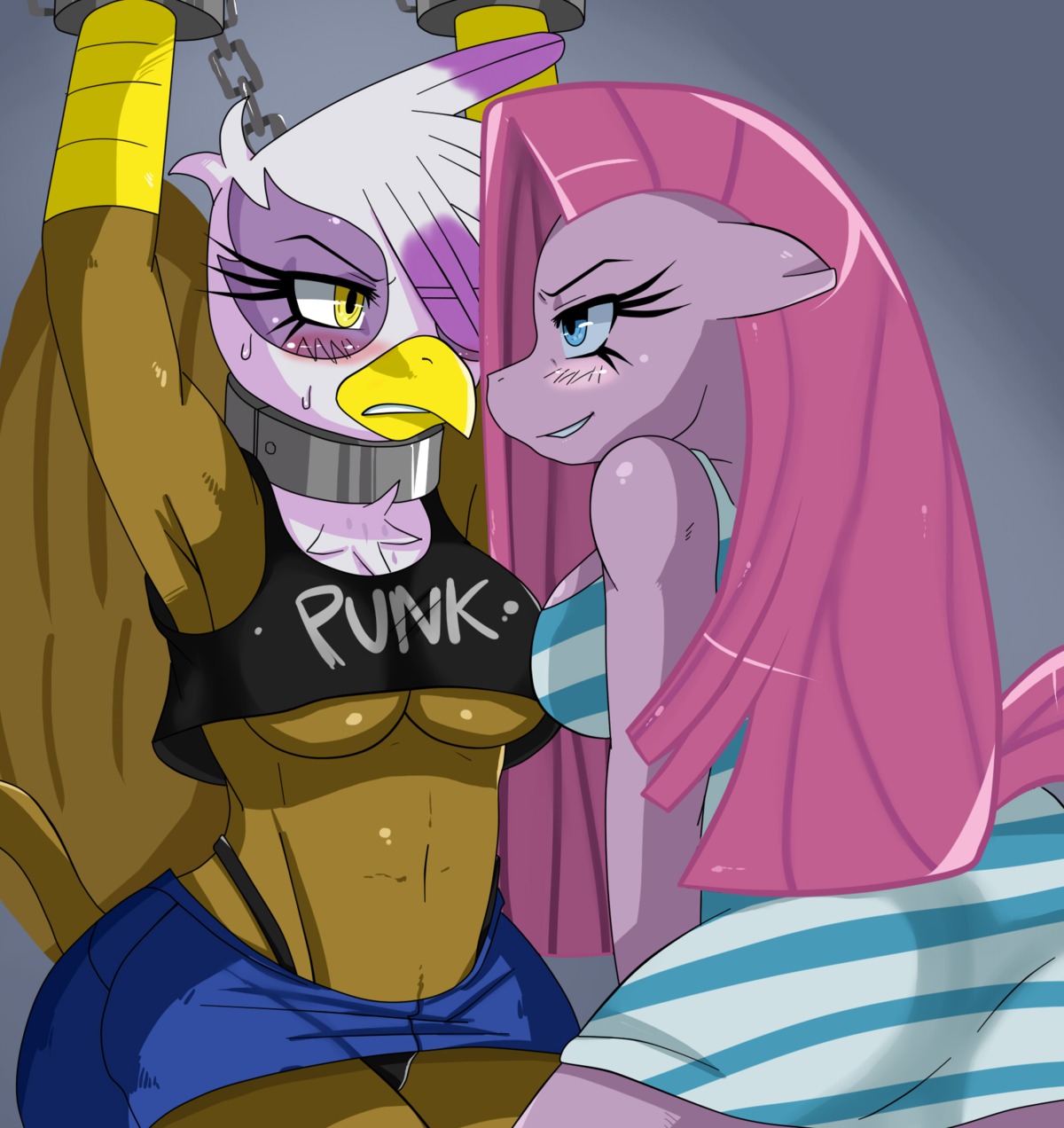 alternative_fashion anthro anthrofied avian bdsm beak bird black_clothing black_panties black_underwear blue_eyes blush bodily_fluids bondage bottomwear bound breasts brown_body chain chained chest_tuft clothed clothing collar cuff_(restraint) digital_media_(artwork) dominant dominant_female dress duo e621 earth_pony equid equine eye_contact feathered_wings feathers felid female female/female friendship_is_magic fur furgonomics gilda_(mlp) gryphon hair hasbro hi_res highleg horse imminent_rape imminent_sex lion long_hair looking_at_another mammal midriff my_little_pony mythological_avian mythological_creature mythology navel nervous non-mammal_breasts pantherine panties panty_shot pink_body pink_fur pink_hair pinkamena_(mlp) pinkie_pie_(mlp) pony punk restraints shackles shirt skimpy skirt smile sssonic2 stripes submissive submissive_female sweat tail tail_through_skirt thick_thighs thong thong_straps topwear tuft under_boob underwear upskirt white_head wide_hipped_anthro wide_hipped_female wide_hips wings yellow_eyes
