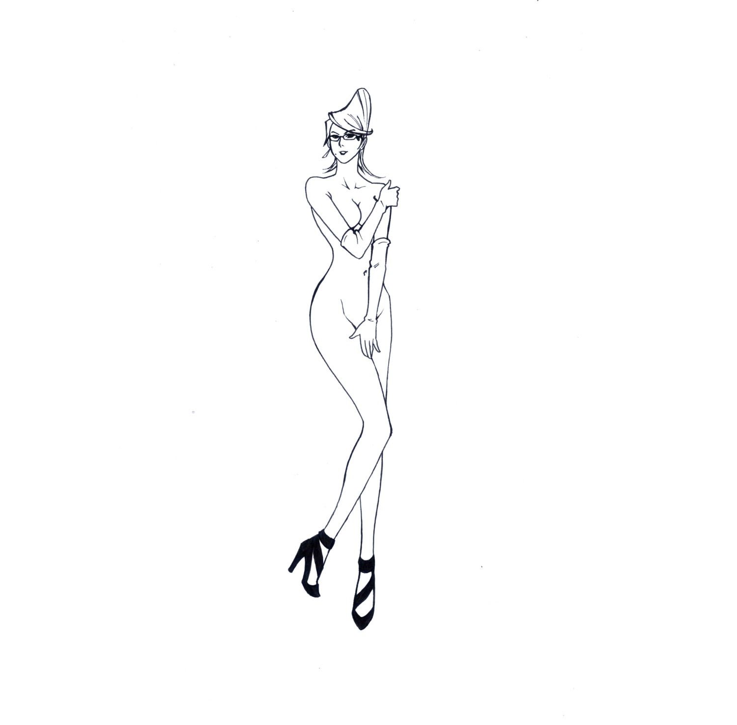 bayonetta bayonetta_(character) black_and_white breasts covering_breasts covering_crotch female female_only glasses gloves high_heels highres line_art naked_footwear naked_heels nude rule34 sega shoes solo tagme white_background