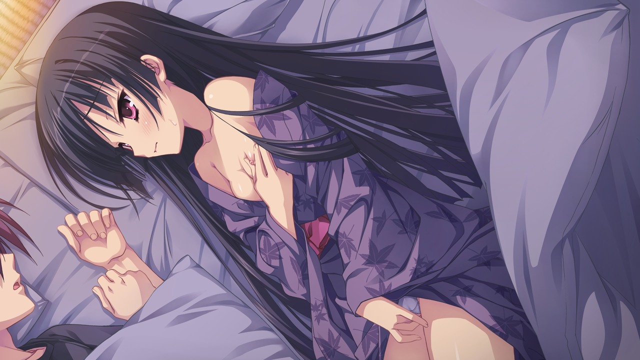 bed black_hair blush breast_grab breasts female fingering game_cg japanese_clothes kobuichi long_hair masamune_shizuru nipples noble_works panties pink_eyes rule34 underwear