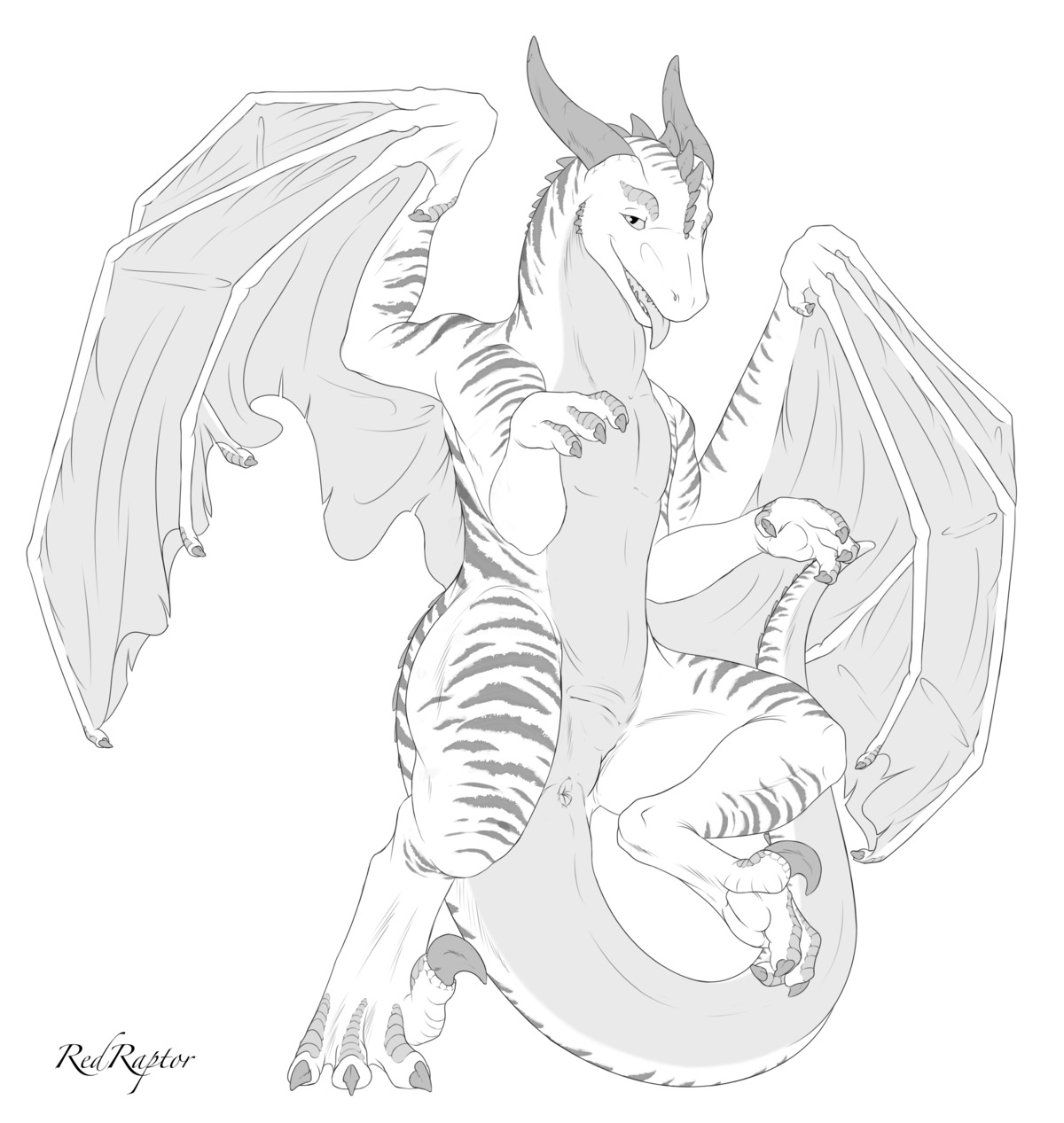 2014 absurd_res animal_genitalia anus claws dragon drakkor e621 feral fully_sheathed genital_slit genitals greyscale hi_res horn looking_at_viewer male membrane_(anatomy) membranous_wings monochrome mythological_creature mythological_scalie mythology nude open_mouth presenting redraptor16 scalie sheath simple_background smile solo standing tail tongue tongue_out white_background wings