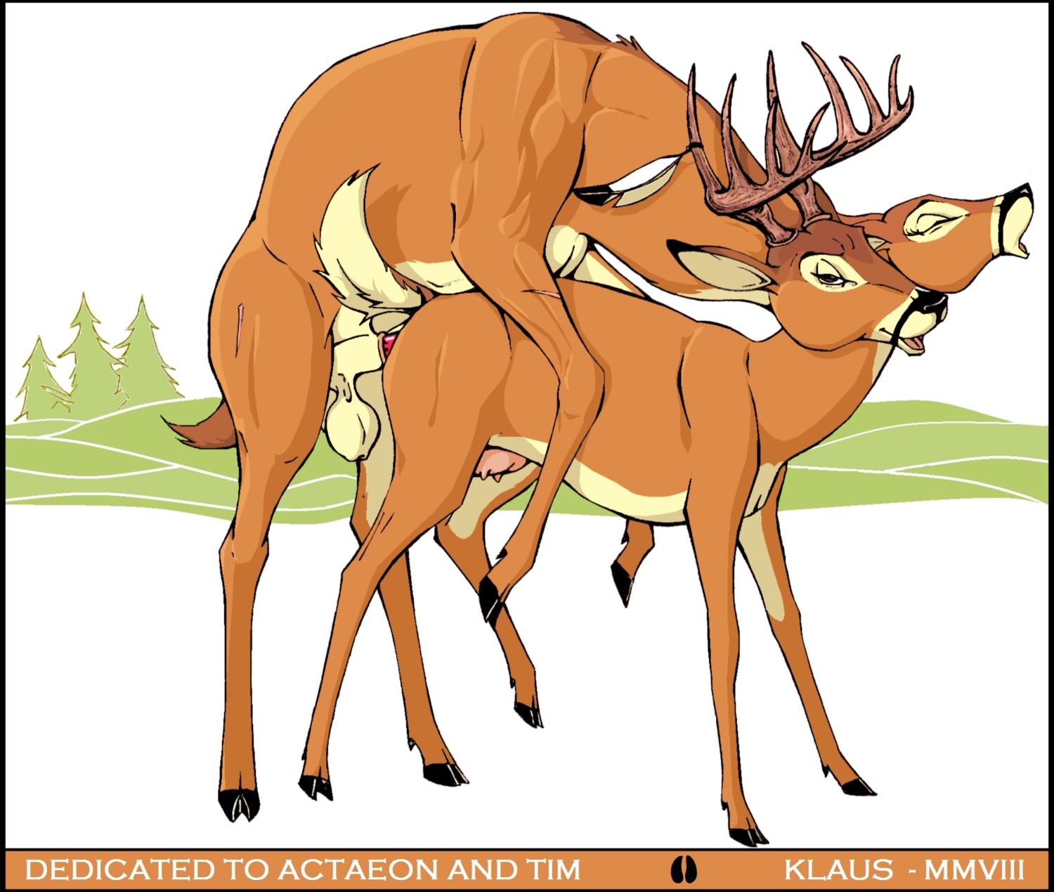 2008 ambiguous_penetration anatomically_correct animal_genitalia animal_penis antlers balls black_border border brown_body brown_fur cervine_genitalia cervine_penis cloven_hooves deer digital_media_(artwork) duo e621 english_text erection eyes_closed female female_penetrated feral feral_on_feral feral_penetrated feral_penetrating feral_penetrating_feral from_behind_position fur genitals half-closed_eyes hi_res hooves horn intraspecies klaus_doberman larger_male lemon_testicles looking_at_viewer male male/female male_penetrating male_penetrating_female mammal mounting narrowed_eyes new_world_deer nude open_mouth penetration penile penile_penetration penis plant quadruped scut_tail seductive sex sheath short_tail size_difference smaller_female smaller_penetrated tail teats text tree white-tailed_deer