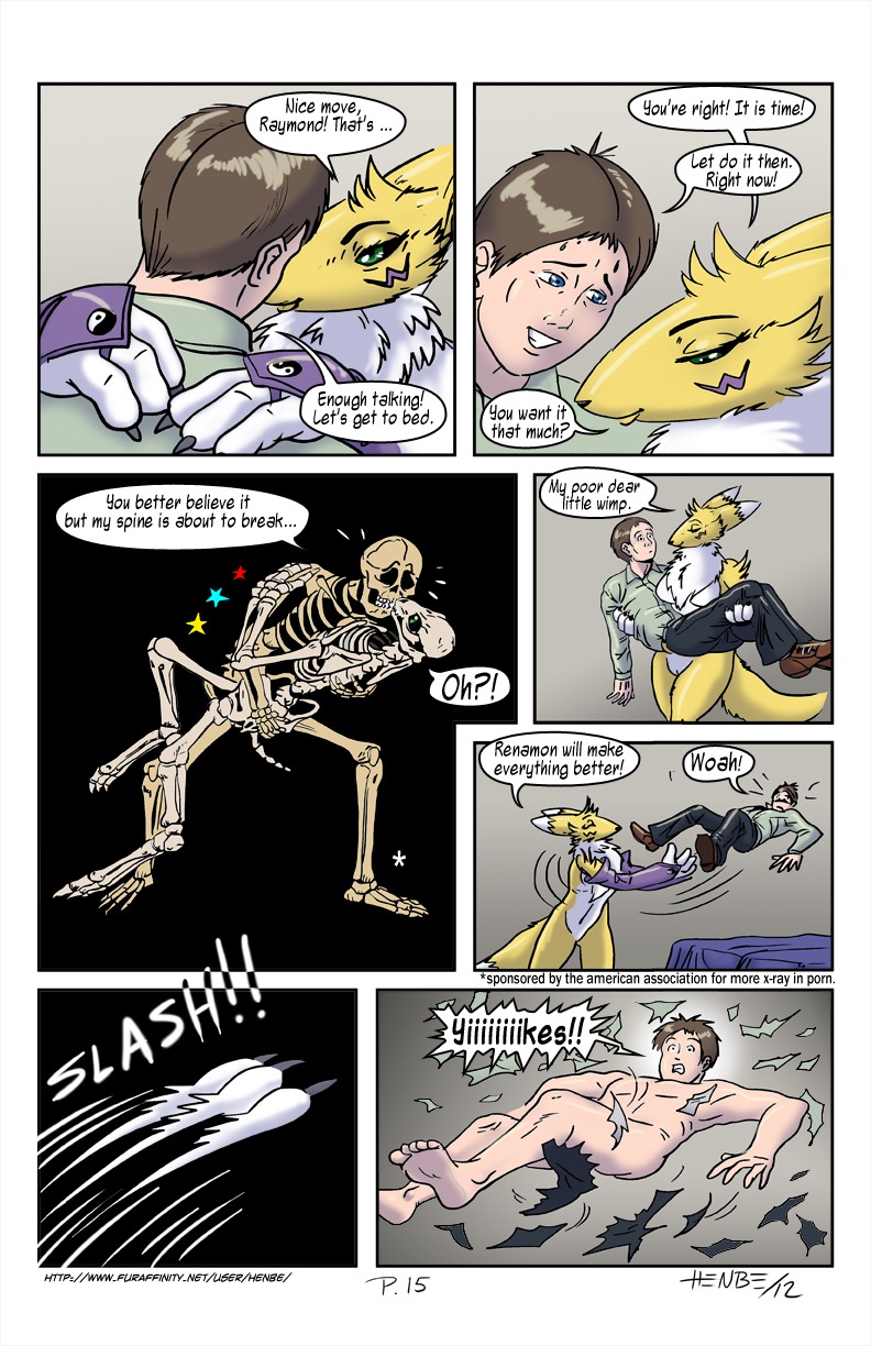 2012 anthro asking asking_another bandai_namco bed black_sclera blue_eyes blush bone breasts brother_(lore) brothers_(lore) canid canine clothed clothed_to_nude clothing clothing_loss comic compliment convenient_censorship countershading dialogue digimon digimon_(species) digiphilia dipstick_tail duo e621 english_text female fully_clothed fully_clothed_to_nude fur furniture genitals green_eyes henbe hi_res human humor interjection internal interspecies kissing like_family_by_henbe male mammal markings multicolored_body multicolored_fur multicolored_tail name_drop name_in_dialogue nervous nude onomatopoeia pain_stars pelvis pointy_speech_bubble question questioning_tone renamon rib_cage sibling_(lore) skeleton slash_(sound_effect) slashing sound_effects species_in_dialogue speech_bubble spine star star_polygon stating_intentions tail tail_markings talking_to_another talking_to_partner text torn_clothing two_tone_body two_tone_fur two_tone_tail vulva white_body white_fur white_tail yellow_body yellow_fur yellow_tail yes-no_question yin_yang