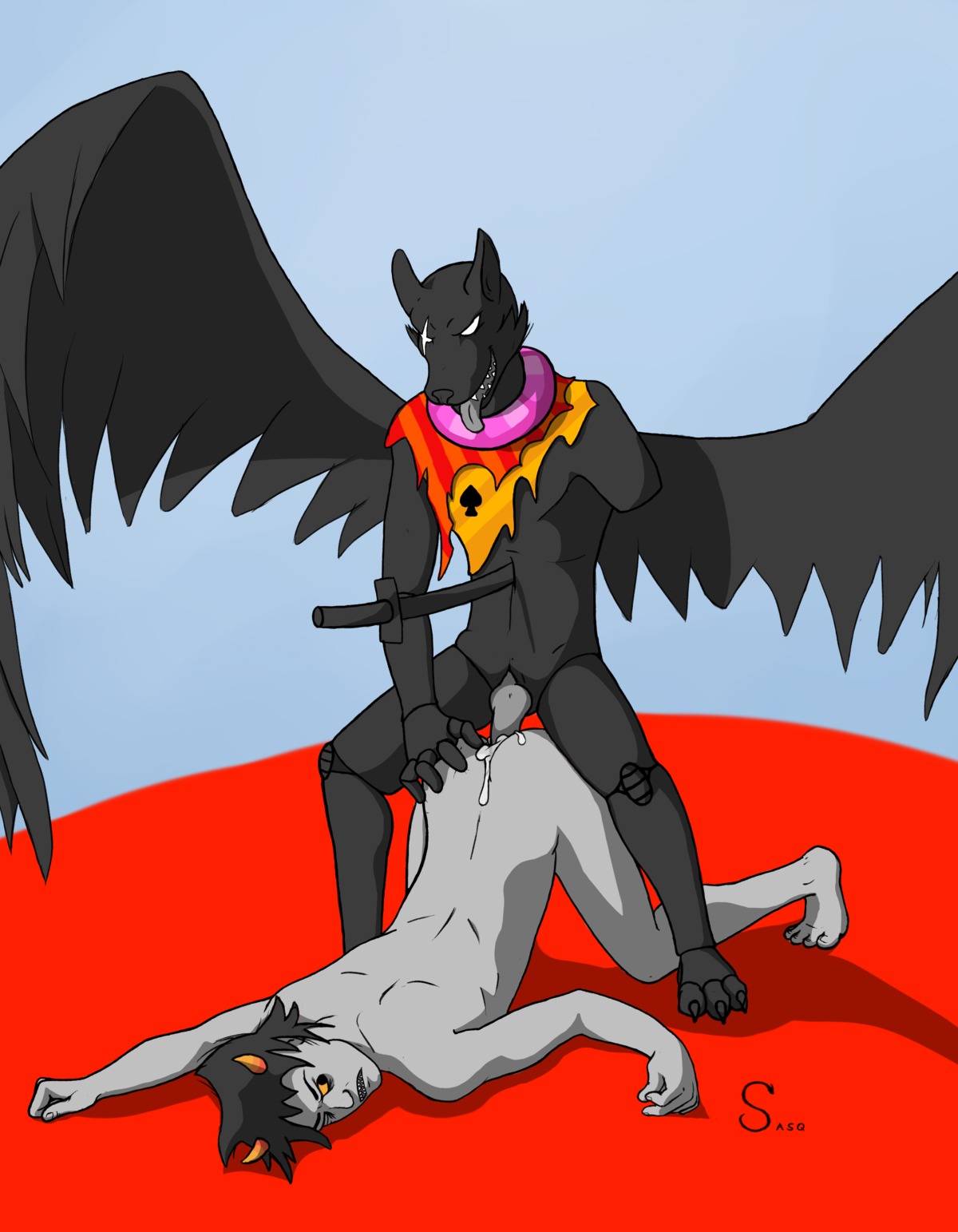 absurd_res alien alien_humanoid amputee anal anal_penetration angry anthro ass_up bec_noir butt butt_grab canid canine carapacian clothing demon disability duo e621 empty_eyes erection feathered_wings feathers forced frown genitals grey_body grey_skin grey_tongue hand_on_butt hi_res homestuck horn horned_humanoid humanoid interspecies karkat_vantas knot male male/male male_penetrated male_penetrating male_penetrating_male mammal melee_weapon ms_paint_adventures open_mouth orange_horn penetration penis prosthetic prosthetic_arm prosthetic_leg prosthetic_limb rape sasq scar sex smile spades_(suit) stab suit_symbol sword tongue torn_clothing troll_(homestuck) weapon wings yellow_sclera