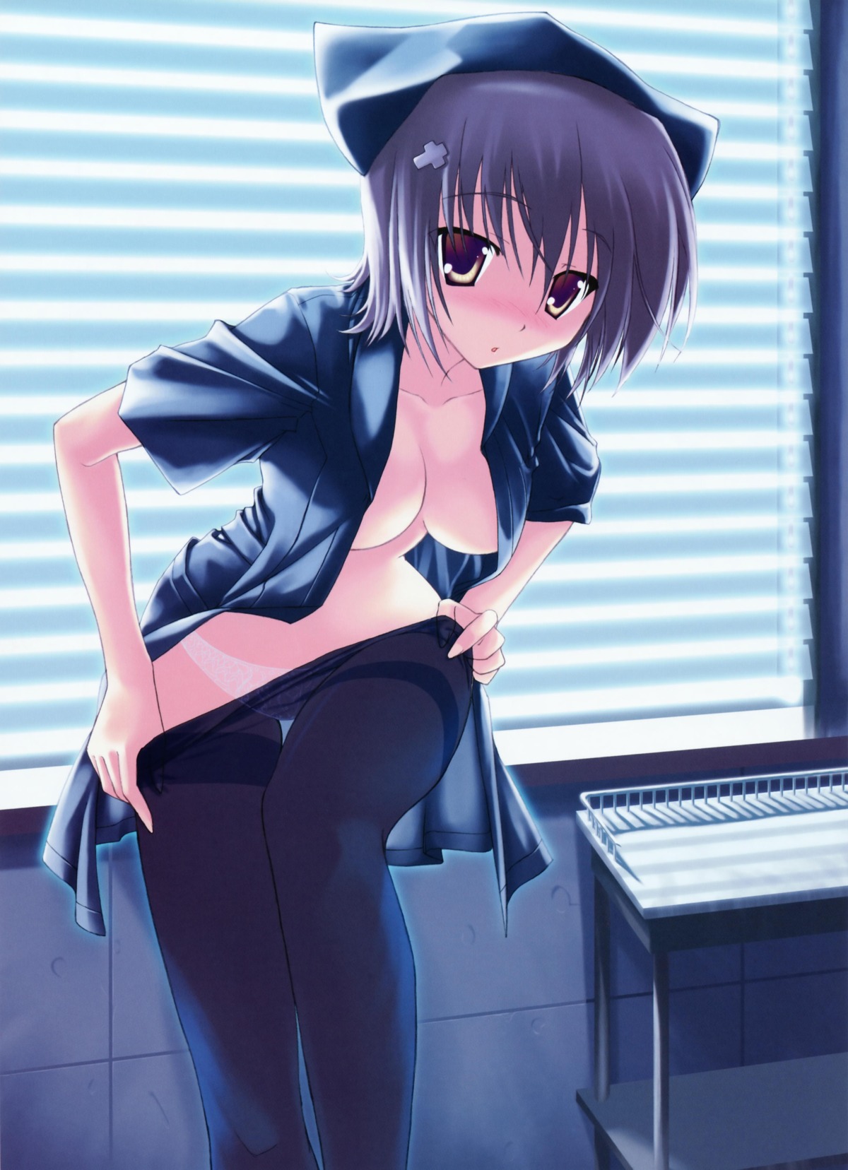dressing duplicate female kokonobi no_bra nurse open_clothes open_shirt panties pantyhose rule34 shirt